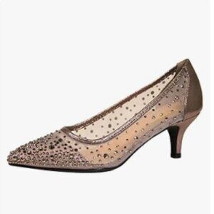 XYD Pewter Pointed Toe Slip On Mesh Rhinestone Studs Comfy Kitten Heels Pumps